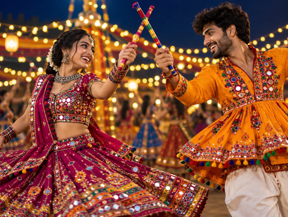 Couple dancing Dandiya with decorated sticks
