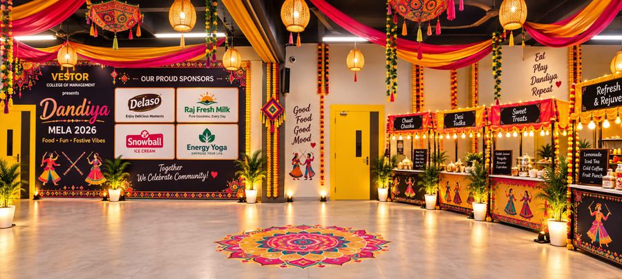 Event Hall exit view with sponsor wall and food stalls